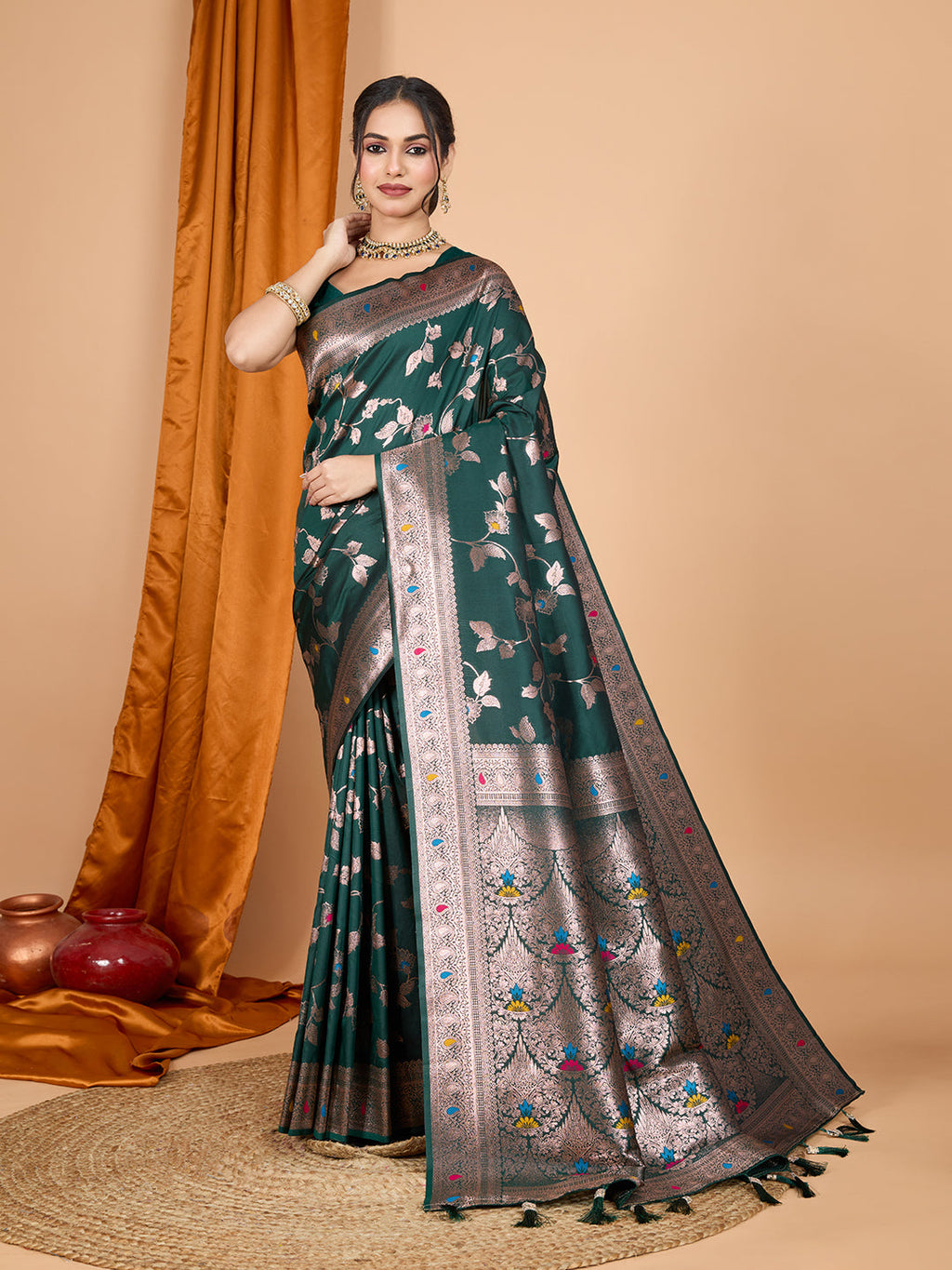 Green Banarsi Silk Saree with intricate gold Jari weaving work and unstitched blouse piece