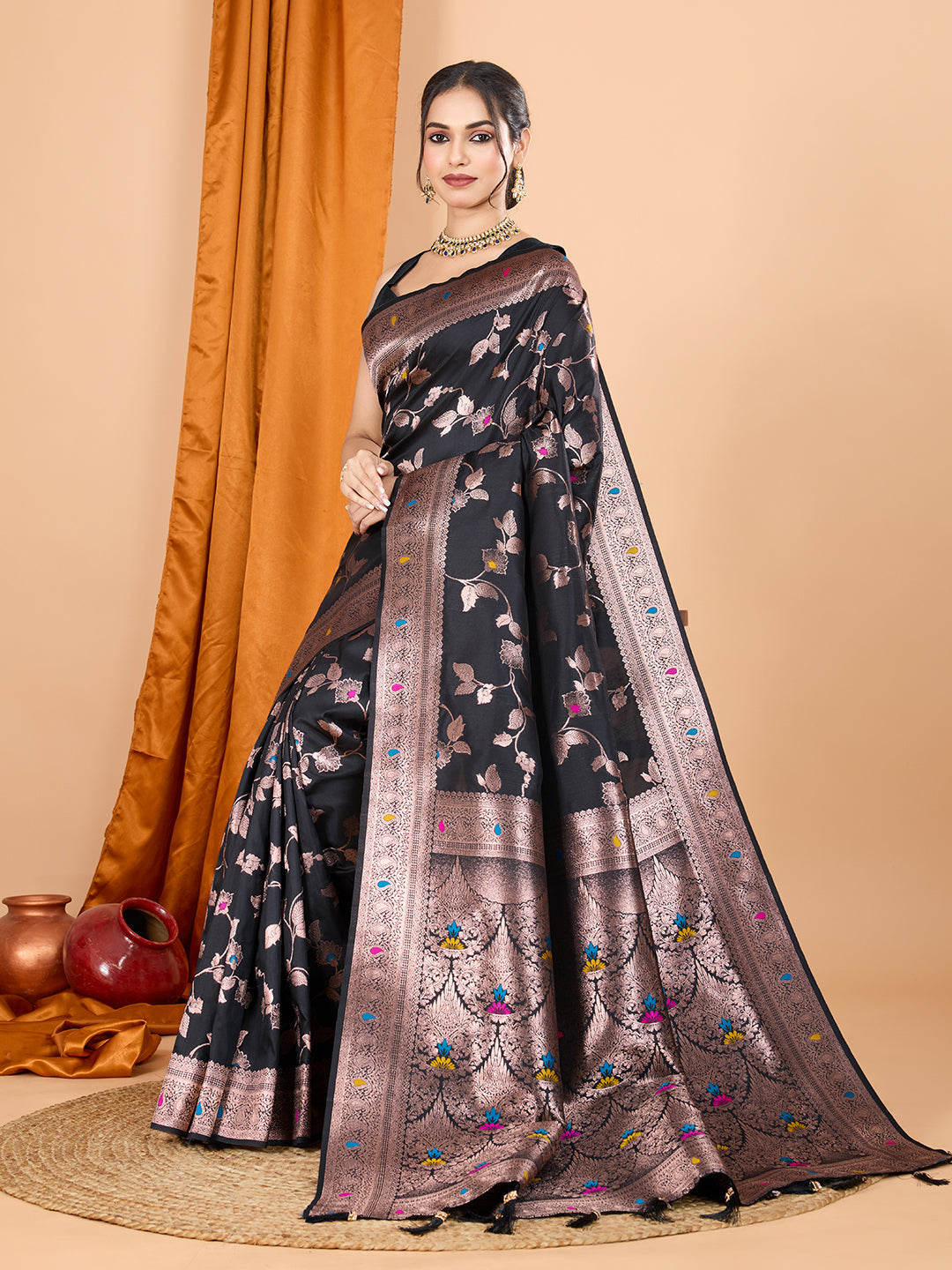 Black Banarsi Silk party wear saree with delicate gold Jari weaving work