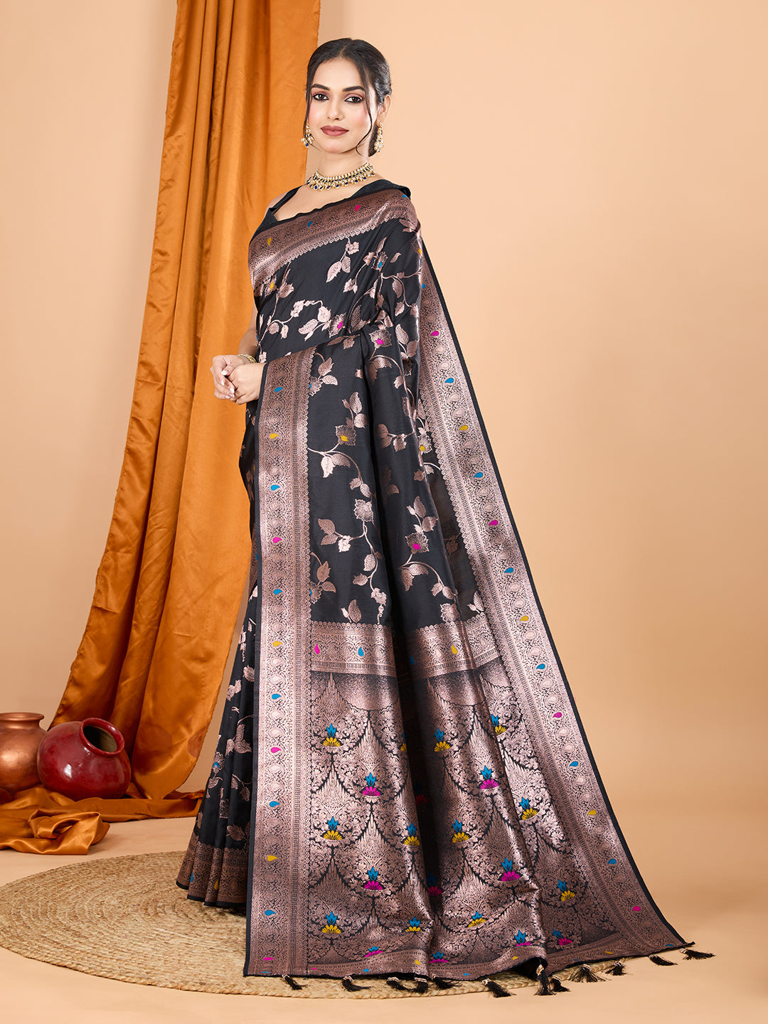 Black Banarsi Silk Saree with Elegant Jari Weaving Work