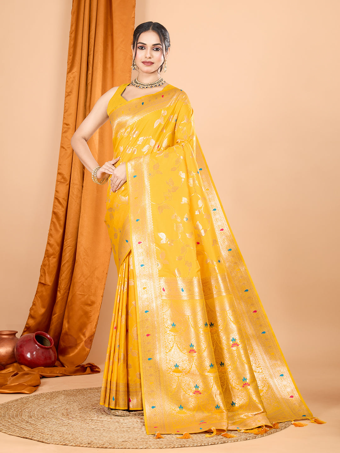 Yellow Banarasi silk party wear saree with gold Jari weaving work and unstitched blouse