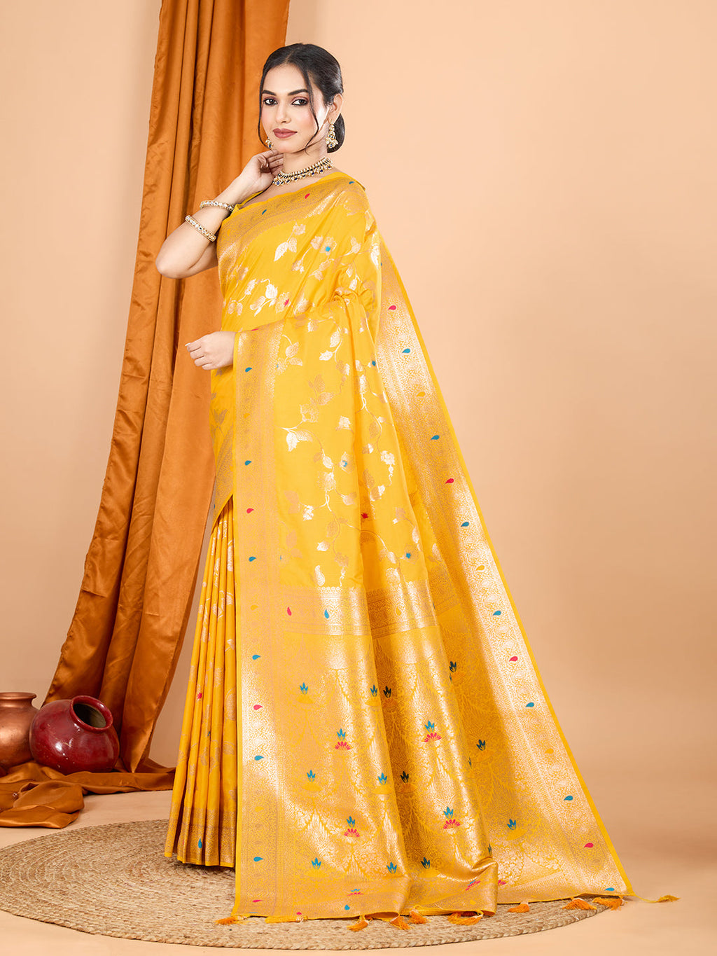 Yellow Banarasi Silk Saree with Jari Weaving and Blouse