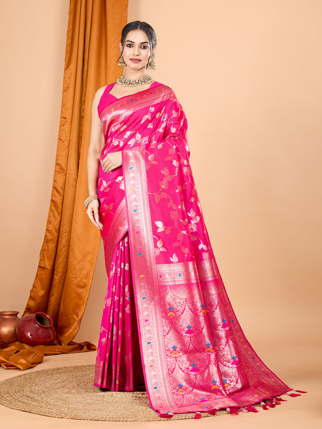 Pink Banarasi silk party wear saree with jari weaving and blouse piece