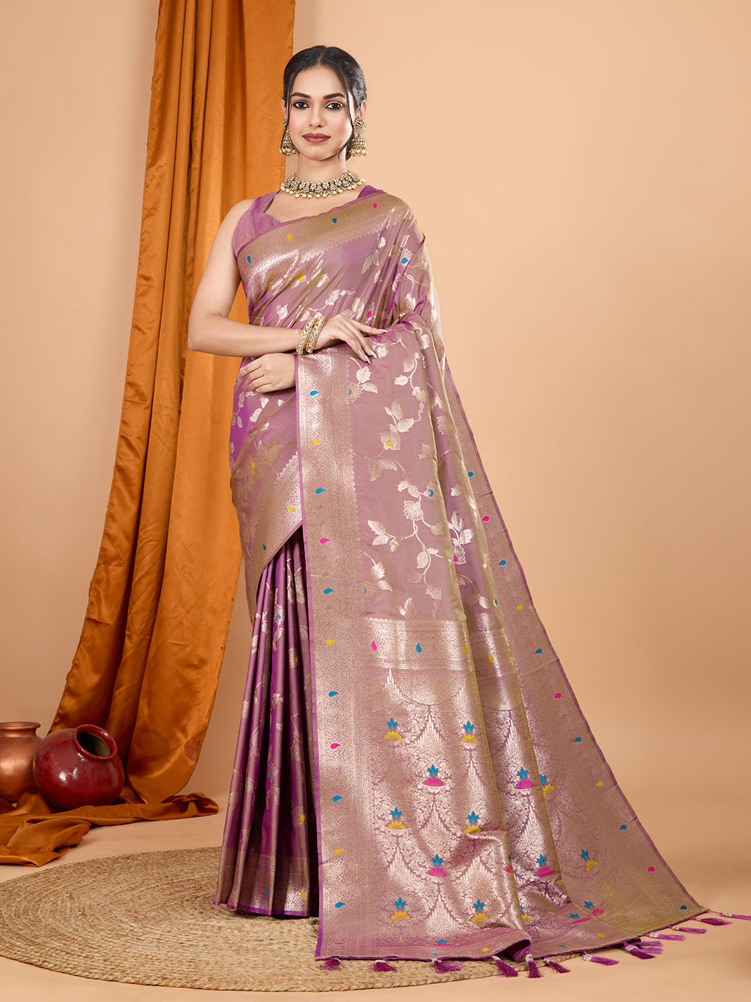 Lavender Banarsi Silk saree with intricate gold Jari weaving and unstitched matching blouse piece