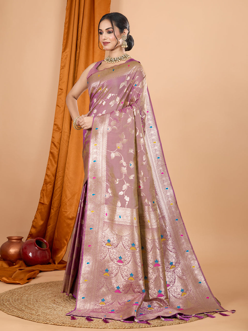 Lavender Banarsi Silk Saree with Jari Weaving and Unstitched Blouse