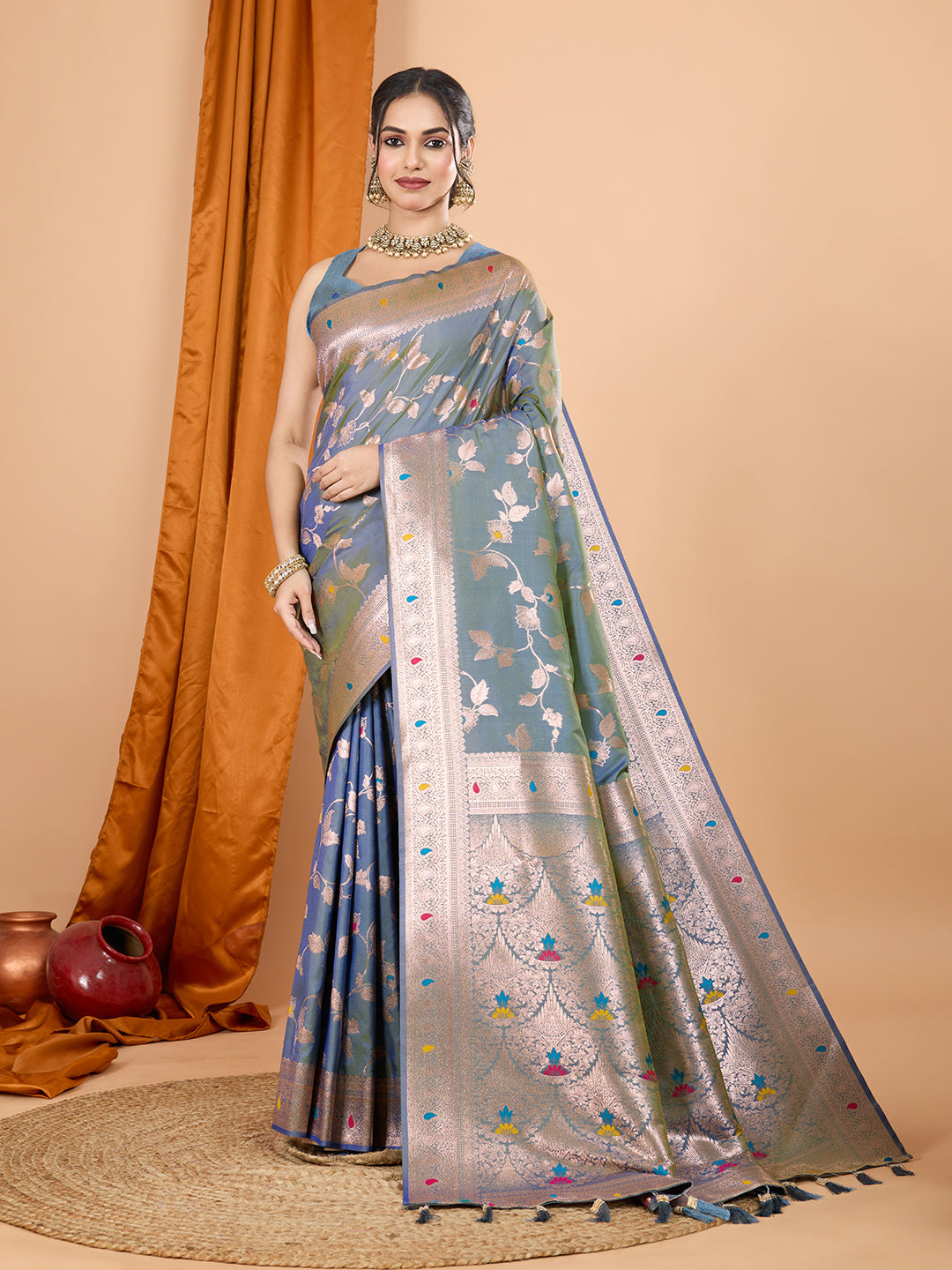 Blue Banarsi silk party wear saree with intricate Jari weaving