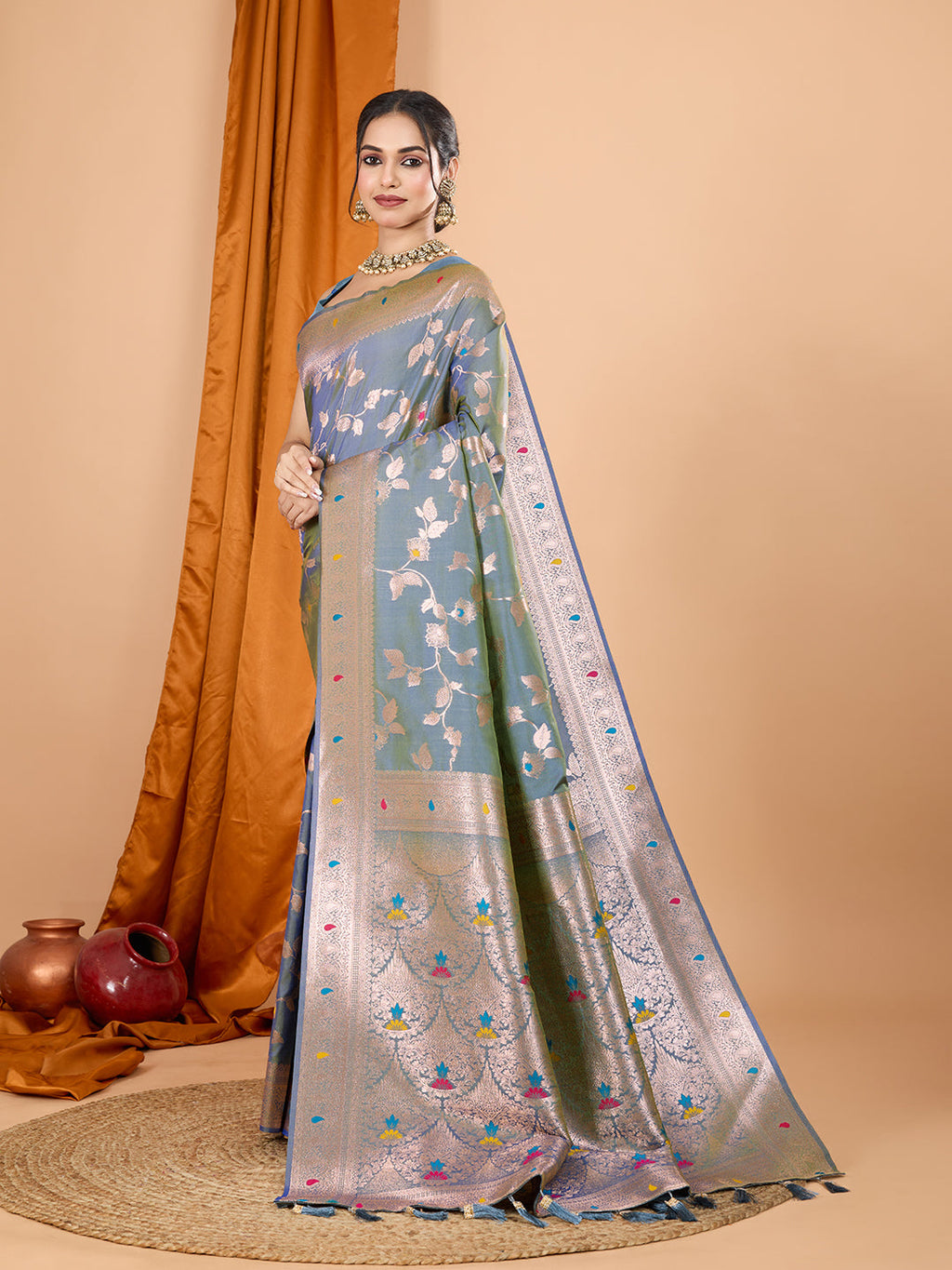 Blue Banarsi Silk Saree with Jari Weaving and Unstitched Blouse