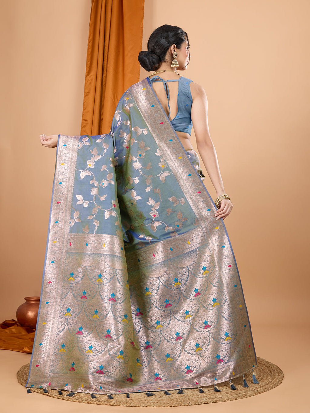 Blue Banarsi Silk Saree with Jari Weaving and Unstitched Blouse