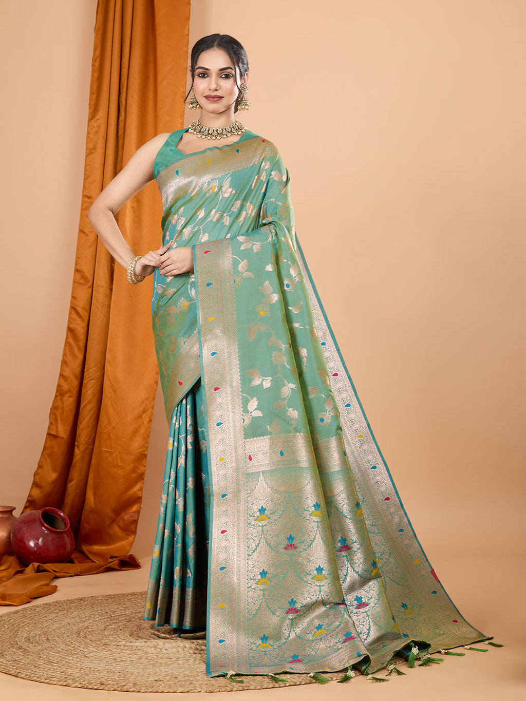 Vibrant Green Banarsi Silk saree featuring ornate Jari weaving work.