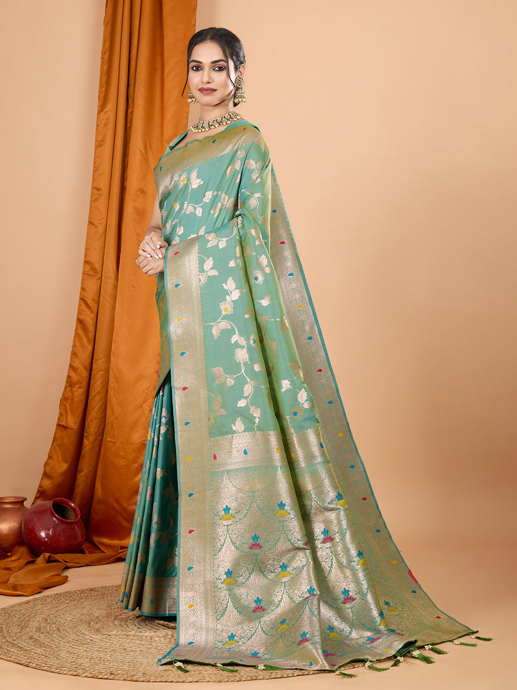 Green Banarsi Silk Party Wear Saree with Jari Weaving Work