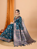 Teal Blue Banarasi Silk Party Wear Saree with Jari Weaving Work