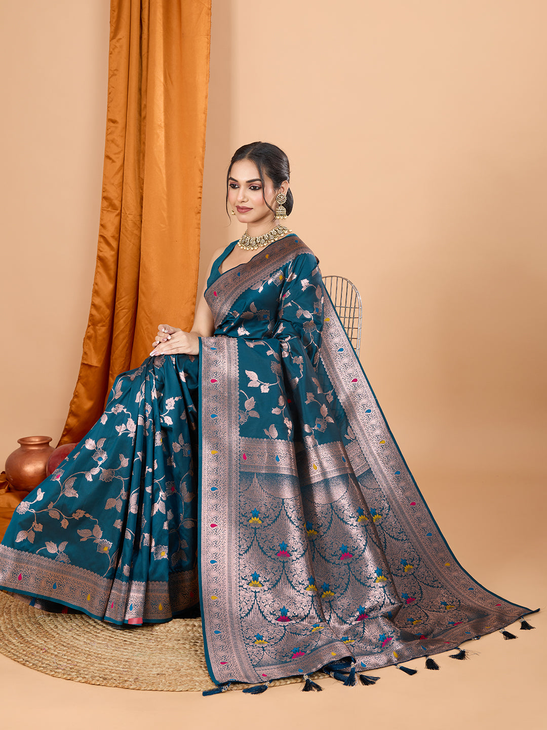 Teal Blue Banarasi Silk Party Wear Saree with Jari Weaving Work