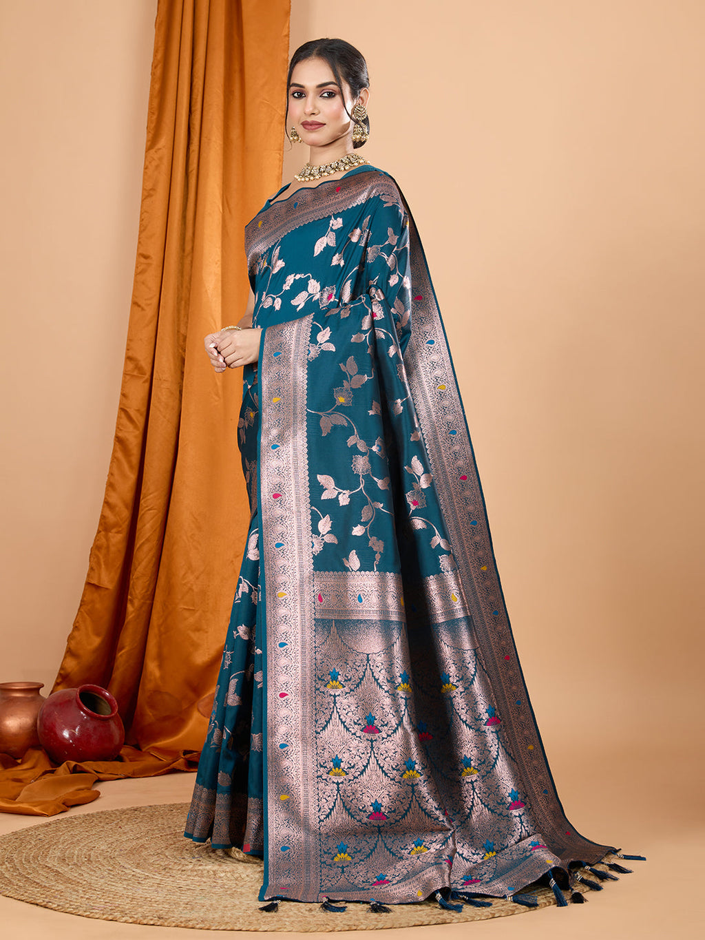 Teal Blue Banarasi Silk Party Wear Saree with Jari Weaving Work