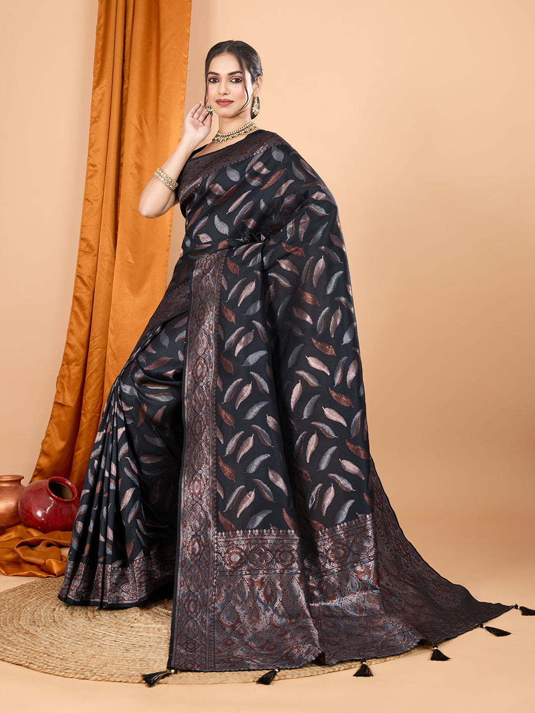 Black Pure Silk Wedding Saree with Jari Weaving & Unstitched Blouse