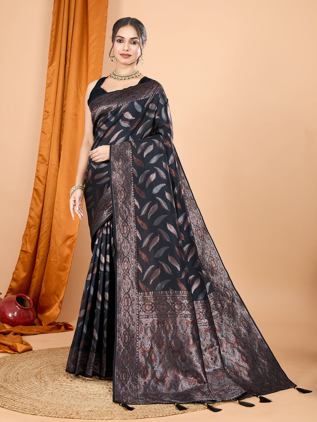 Elegant black pure silk wedding saree with jari weaving and unstitched blouse piece