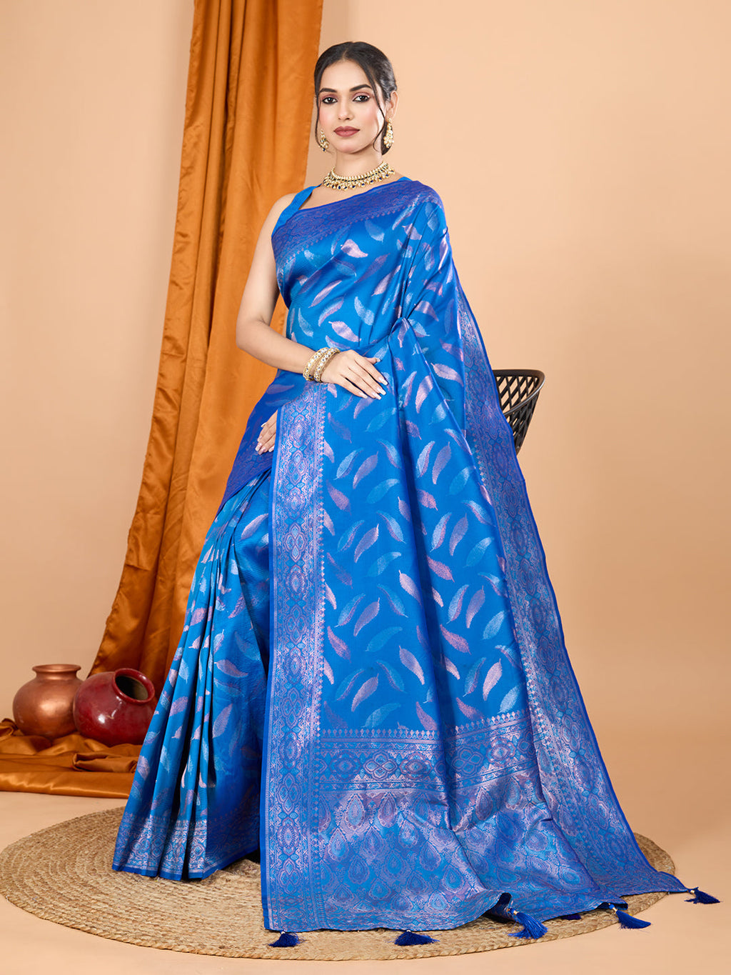 Royal blue pure silk saree with detailed jari weaving and unstitched blouse