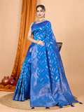 Royal blue pure silk saree with detailed jari weaving and unstitched blouse