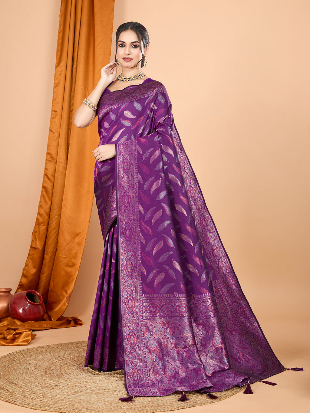 Purple pure silk wedding saree with traditional gold Jari weaving work