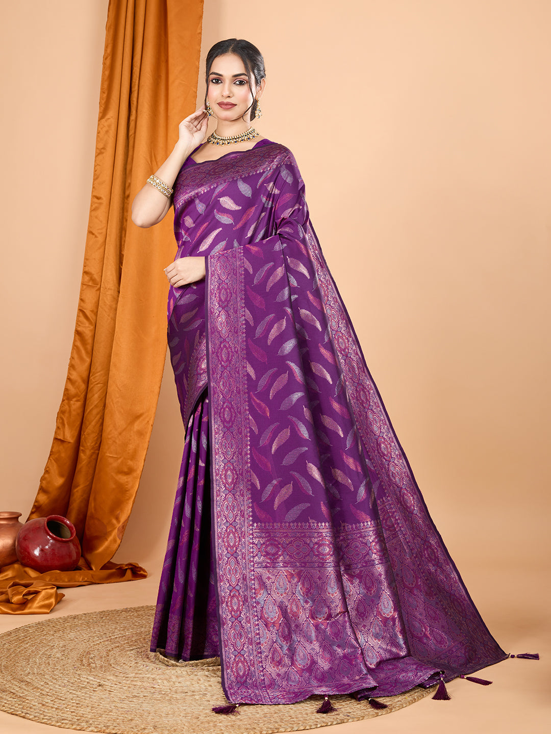 Purple pure silk wedding saree with traditional gold Jari weaving work