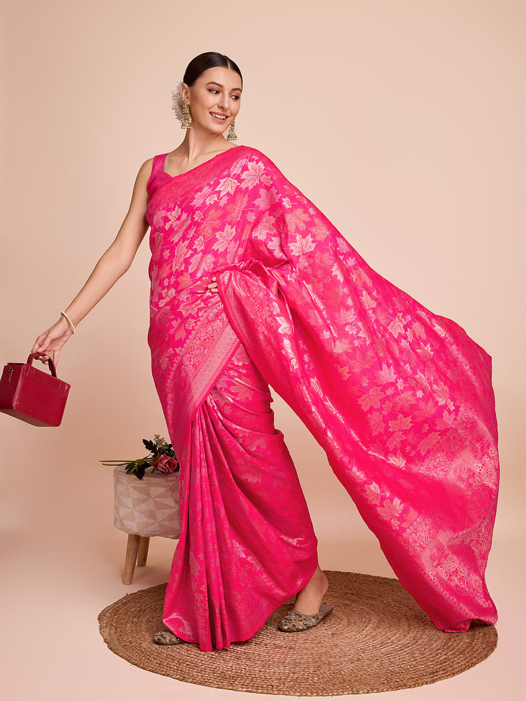 Pink Pure Silk wedding saree with intricate gold Jari weaving and matching unstitched blouse