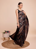 Black pure silk wedding saree featuring detailed jari weaving and unstitched blouse