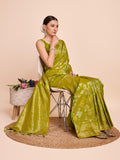 Pastel green pure silk wedding saree featuring intricate jari weaving work and unstitched blouse