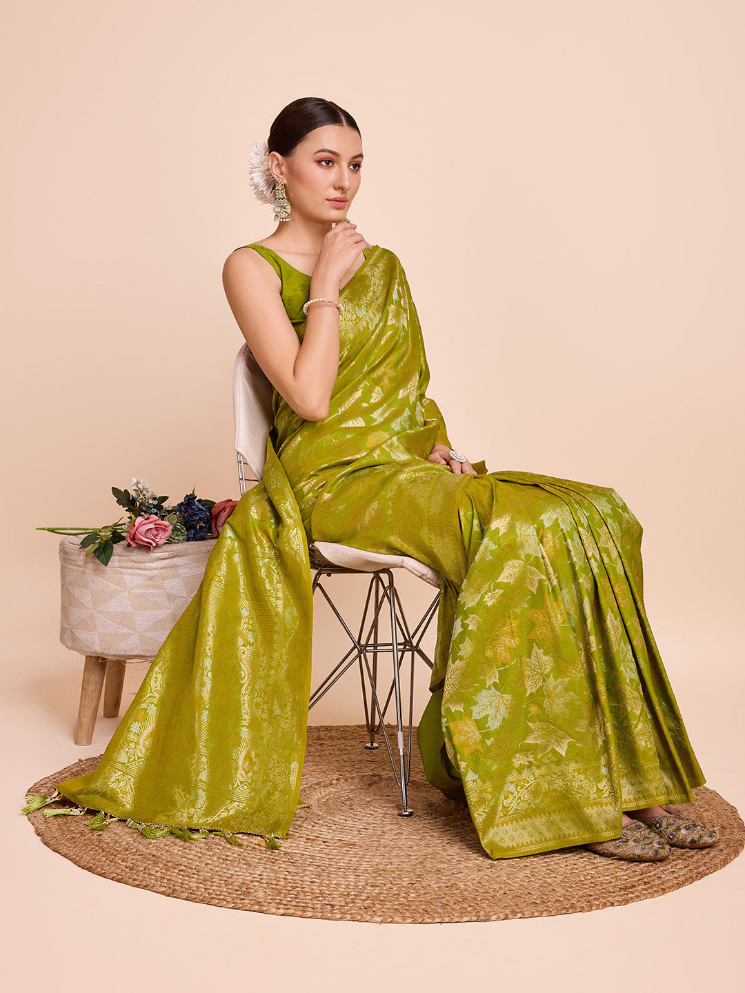Pastel green pure silk wedding saree featuring intricate jari weaving work and unstitched blouse