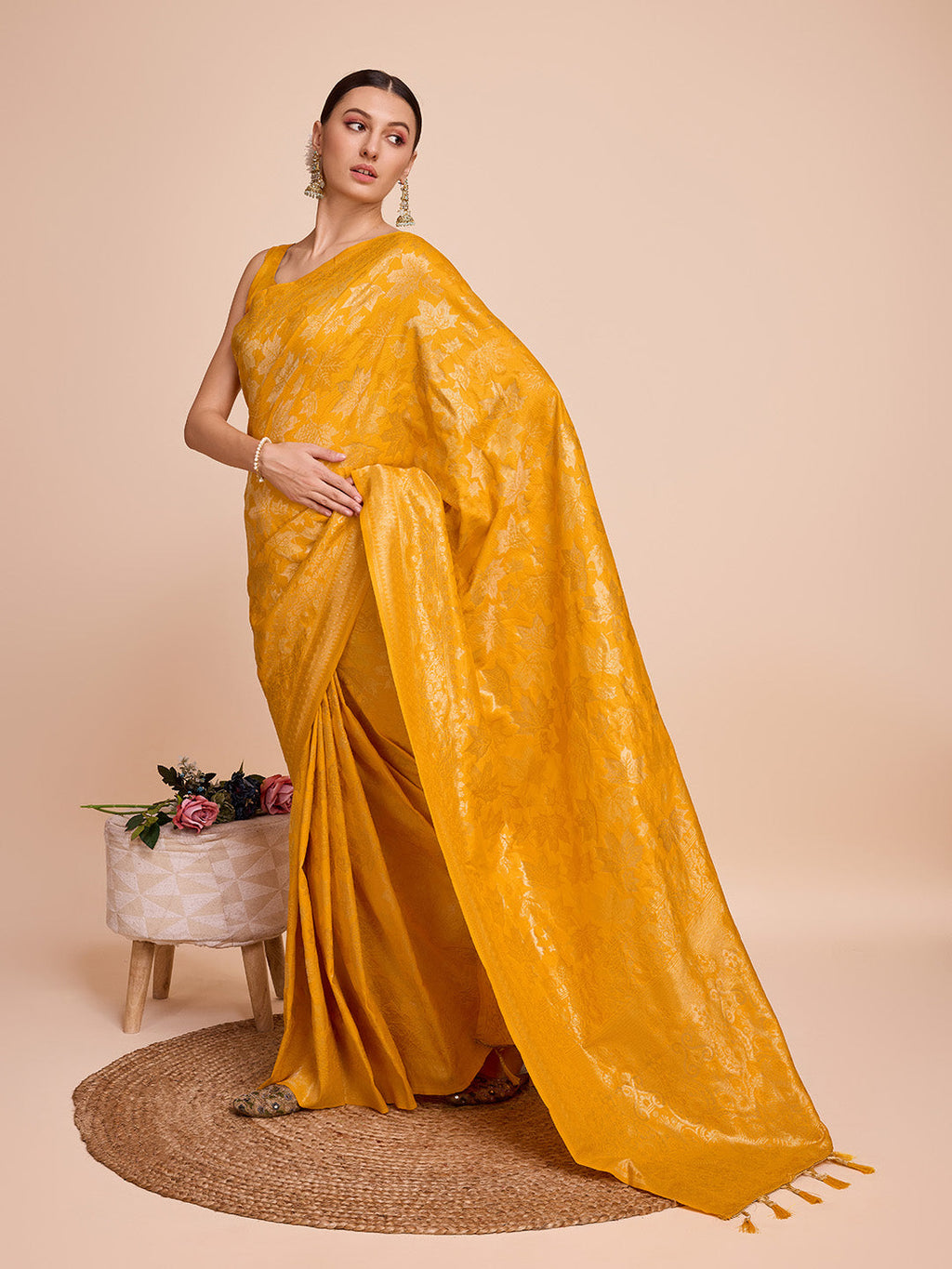 Rusty yellow pure silk saree with jari weaving work and unstitched blouse