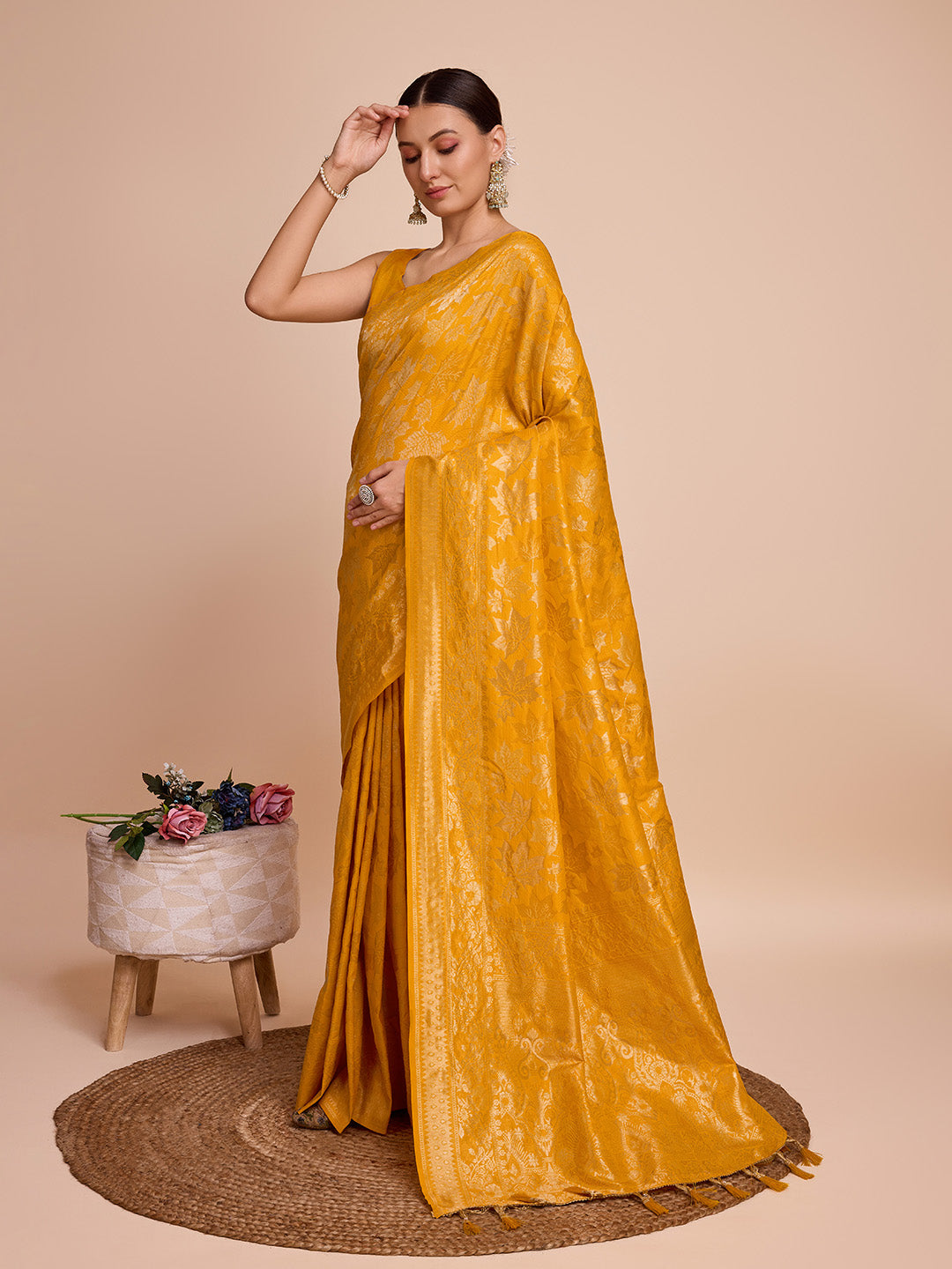 Rusty Yellow Pure Silk Wedding Saree with Traditional Jari Weaving