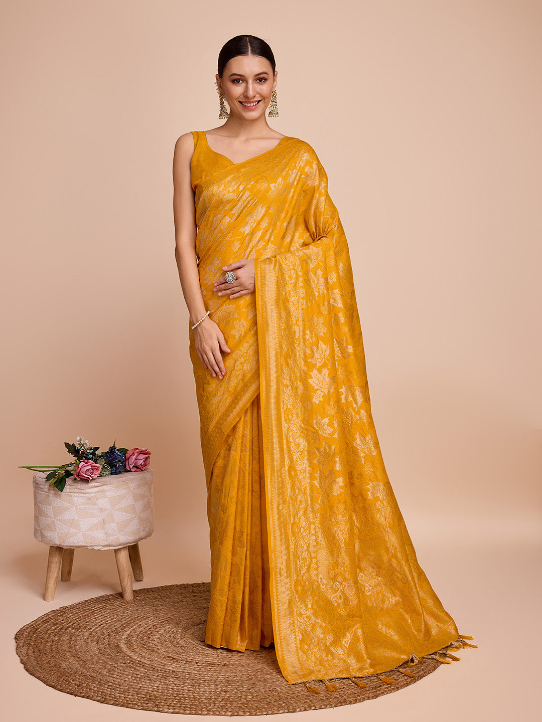 Rusty Yellow Pure Silk Wedding Saree with Traditional Jari Weaving