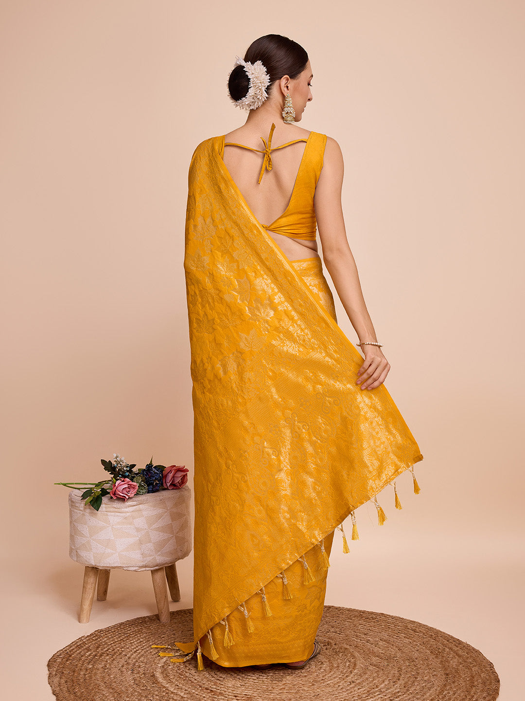 Rusty Yellow Pure Silk Wedding Saree with Traditional Jari Weaving