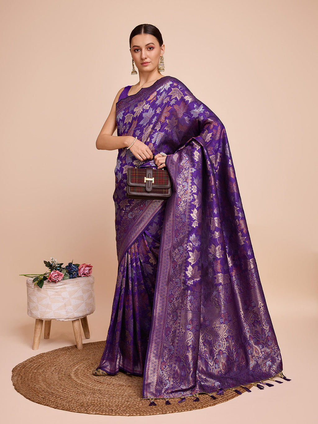 Royal purple pure silk saree with traditional Jari weaving for wedding wear