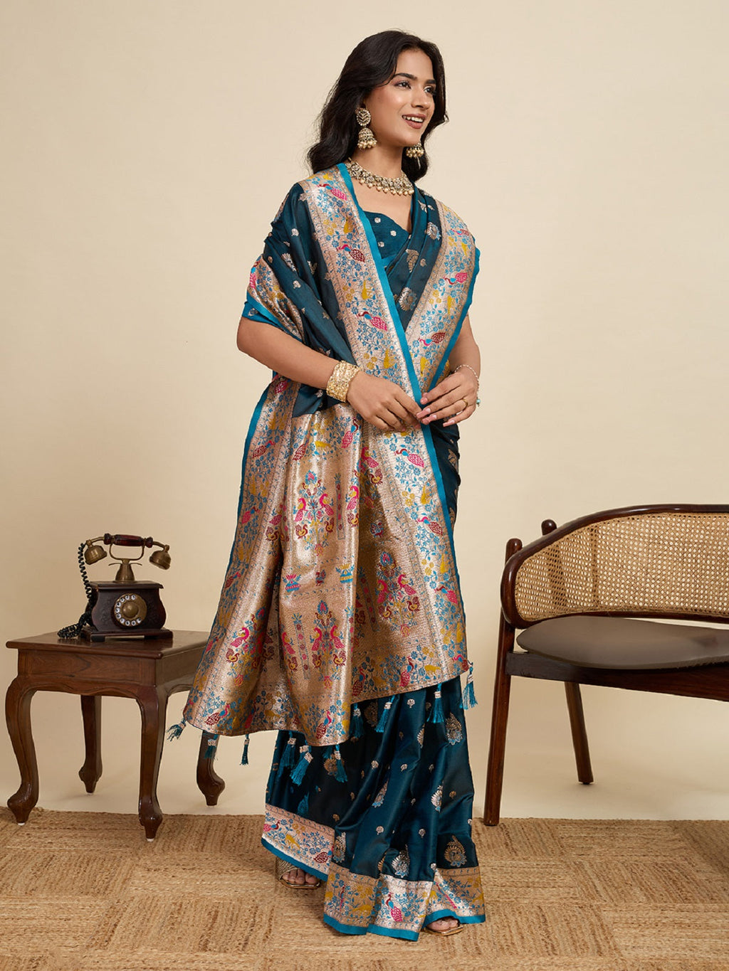 Teal Blue Satin Wedding Saree with Intricate Jari Work & Blouse