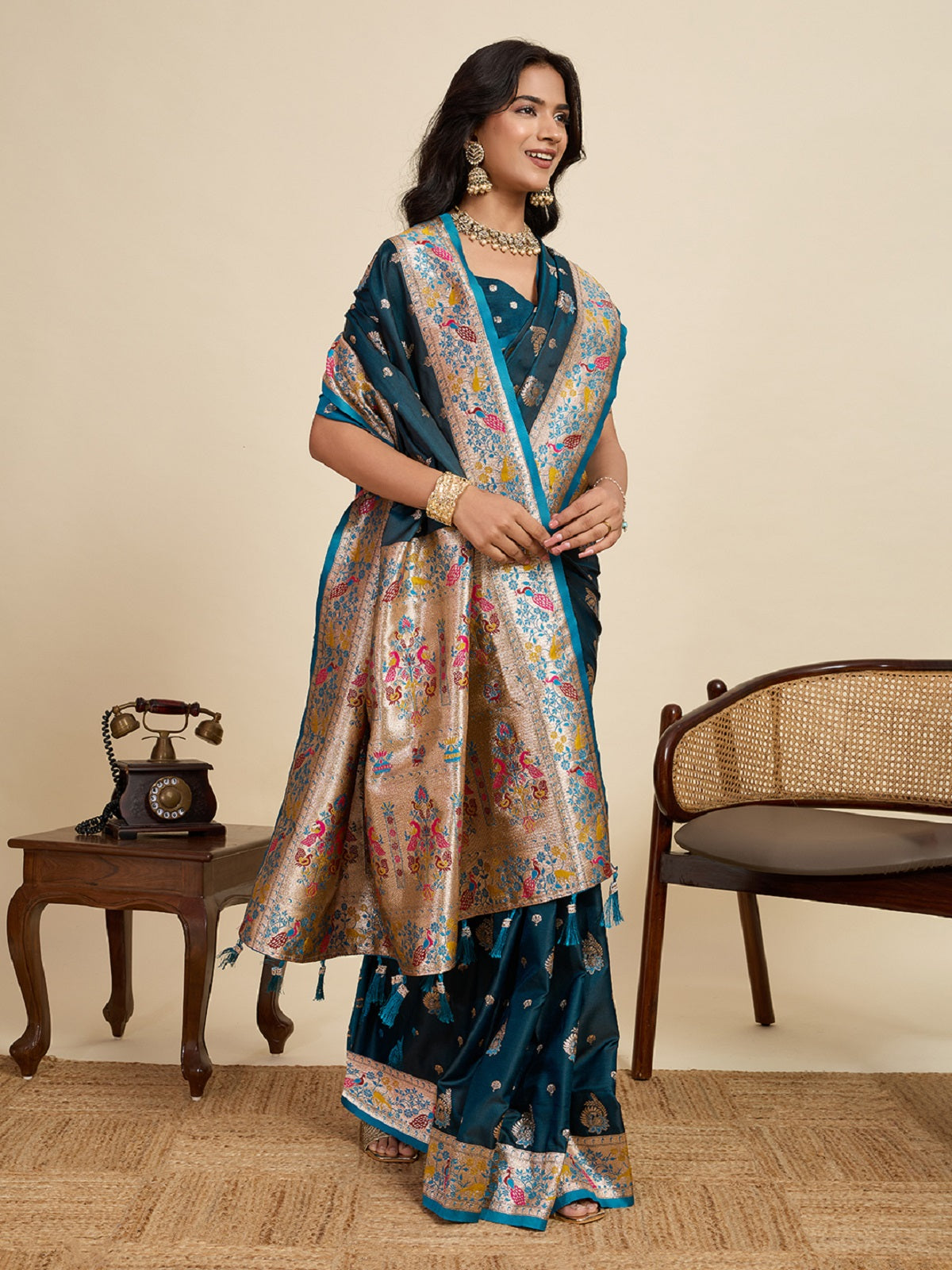 Teal Blue Satin Wedding Saree with Intricate Jari Work & Blouse