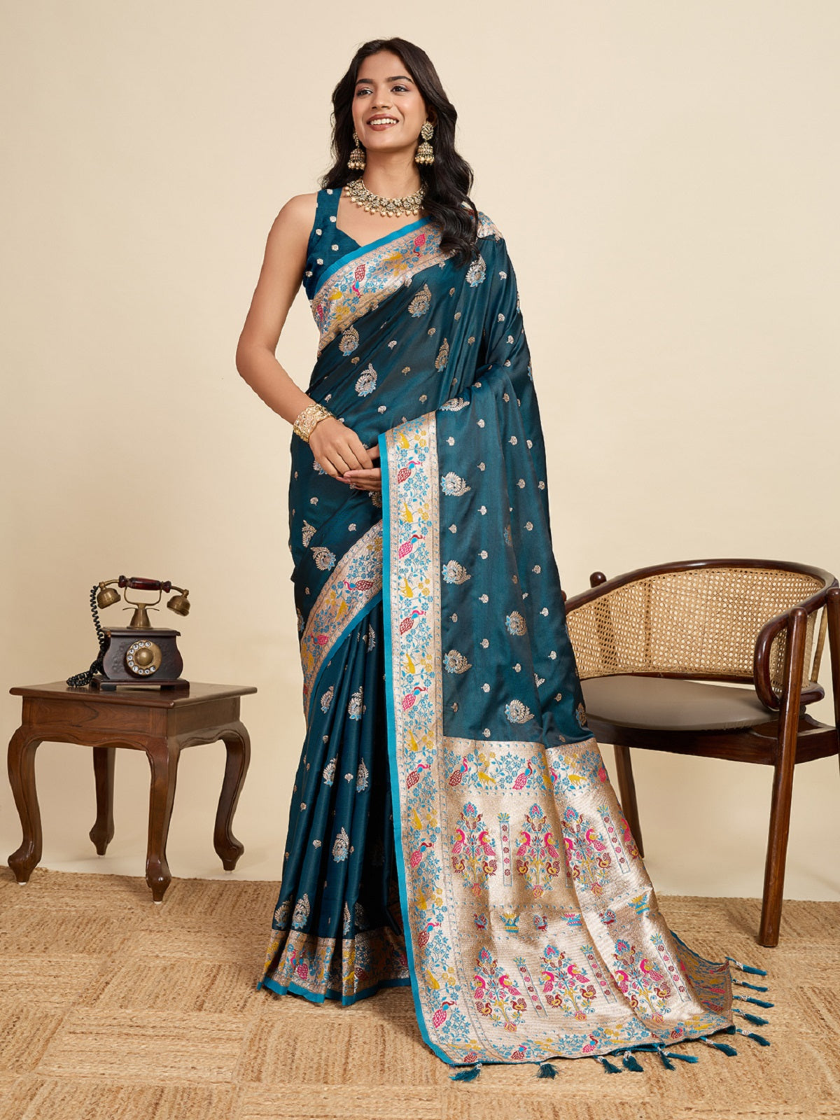 Teal Blue satin saree with Jari work embroidery and matching unstitched blouse