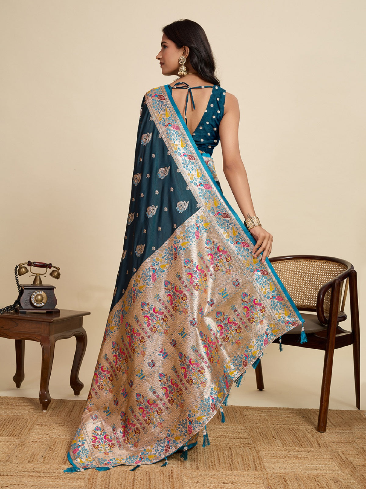 Teal Blue Satin Wedding Saree with Intricate Jari Work & Blouse