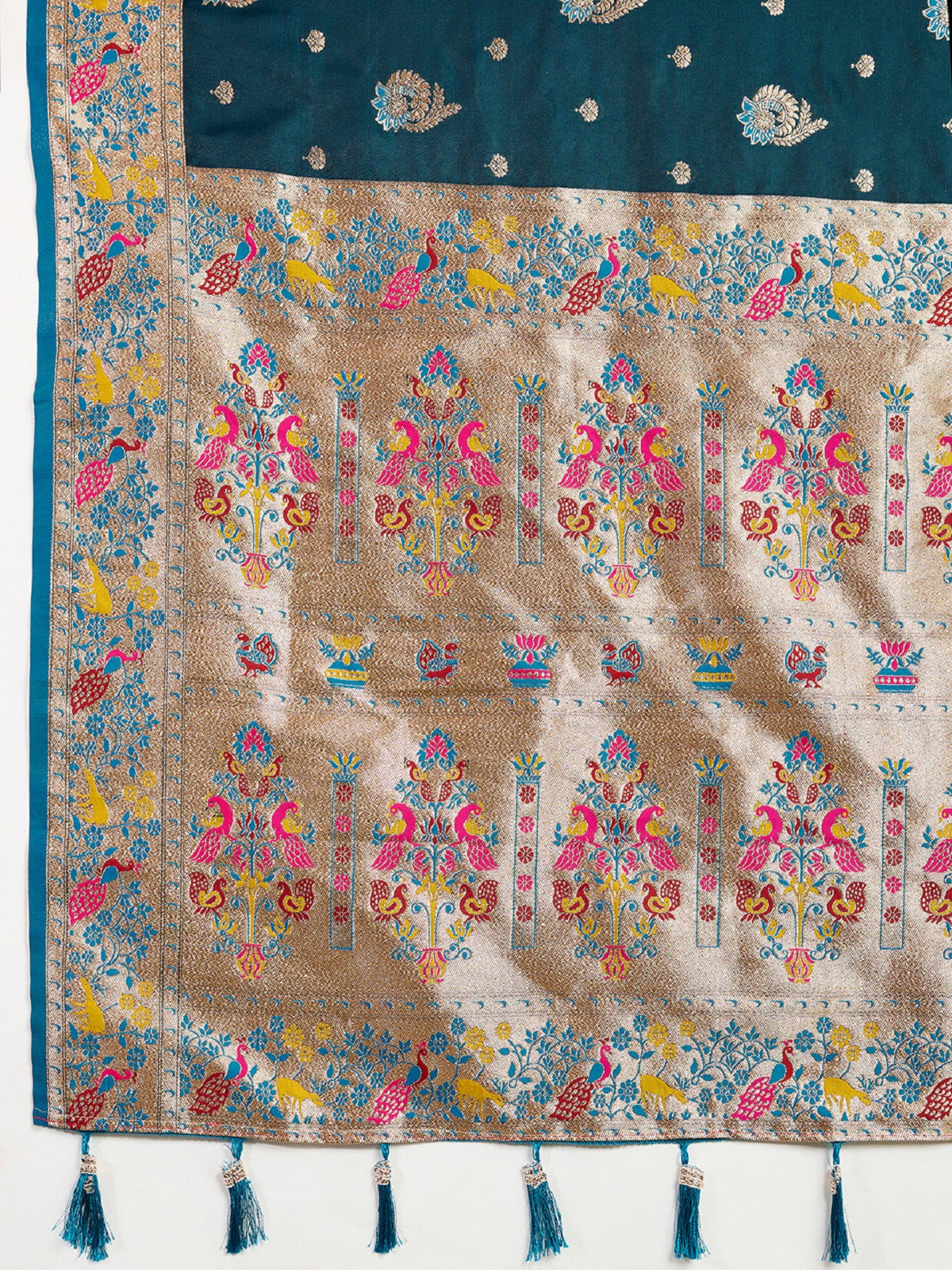 Teal Blue Satin Wedding Saree with Intricate Jari Work & Blouse
