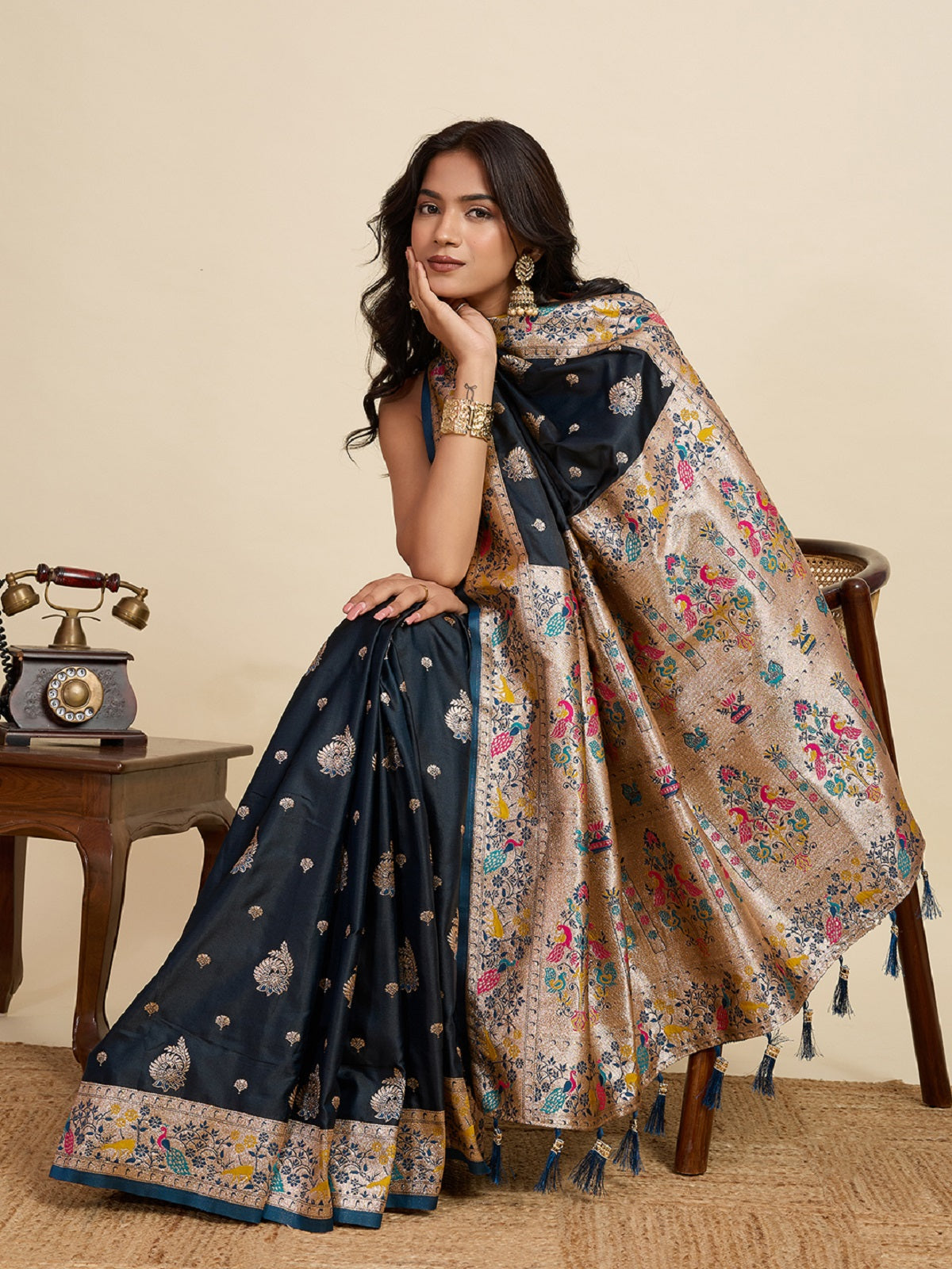 Black Satin Wedding Saree with Intricate Jari Work