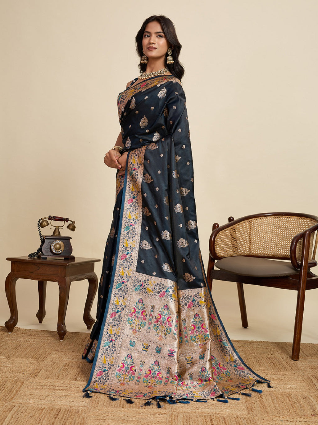 Black Satin Wedding Saree with Intricate Jari Work