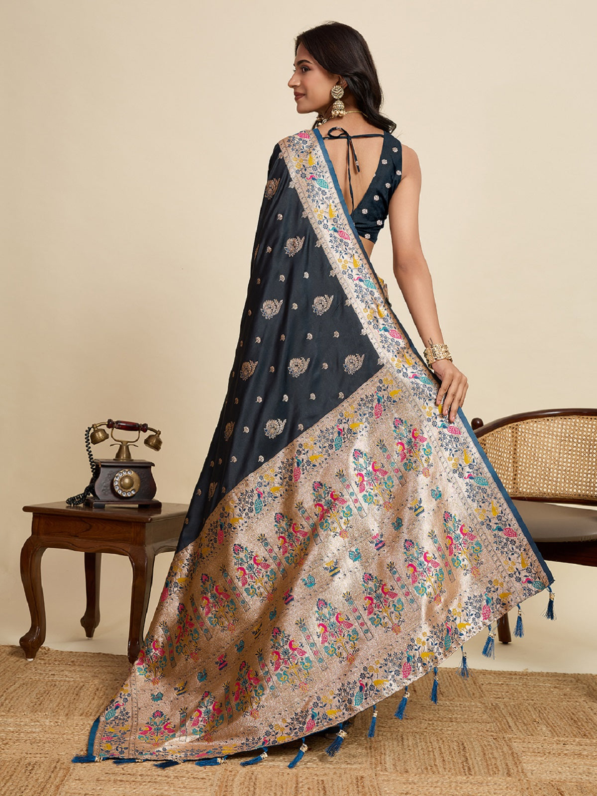 Black Satin Wedding Saree with Intricate Jari Work
