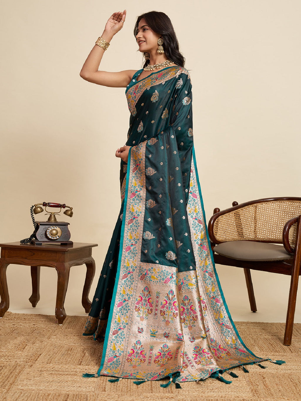 Deep Green Satin Wedding Saree with Elegant Jari Work