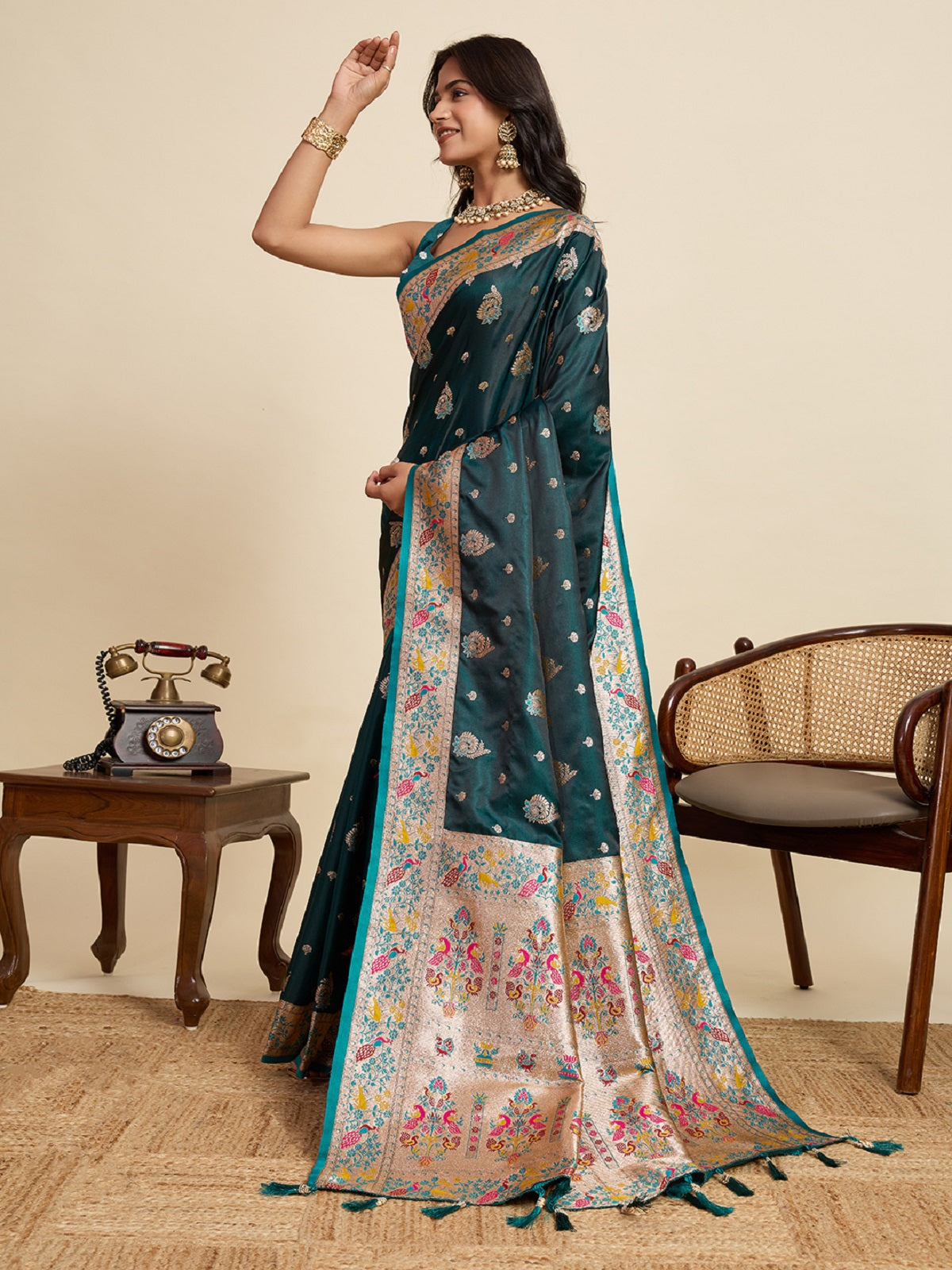 Deep Green Satin Wedding Saree with Elegant Jari Work