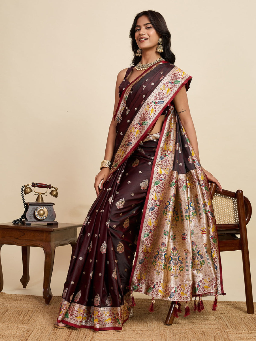 Chocolate Brown Satin Saree with Elegant Jari Work for Weddings