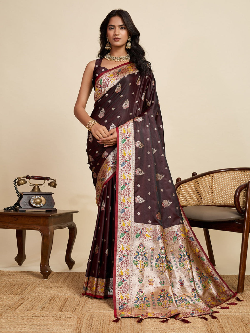 Chocolate brown satin saree with gold jari work and unstitched blouse piece