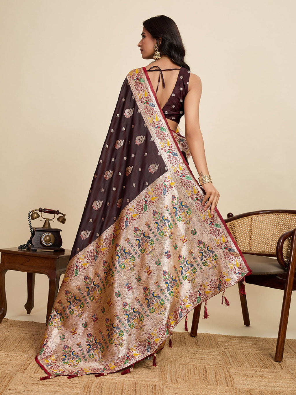 Chocolate Brown Satin Saree with Elegant Jari Work for Weddings