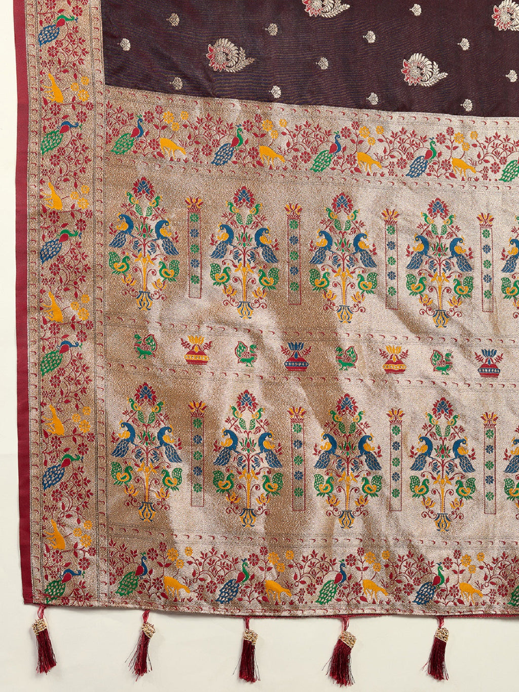 Chocolate Brown Satin Saree with Elegant Jari Work for Weddings