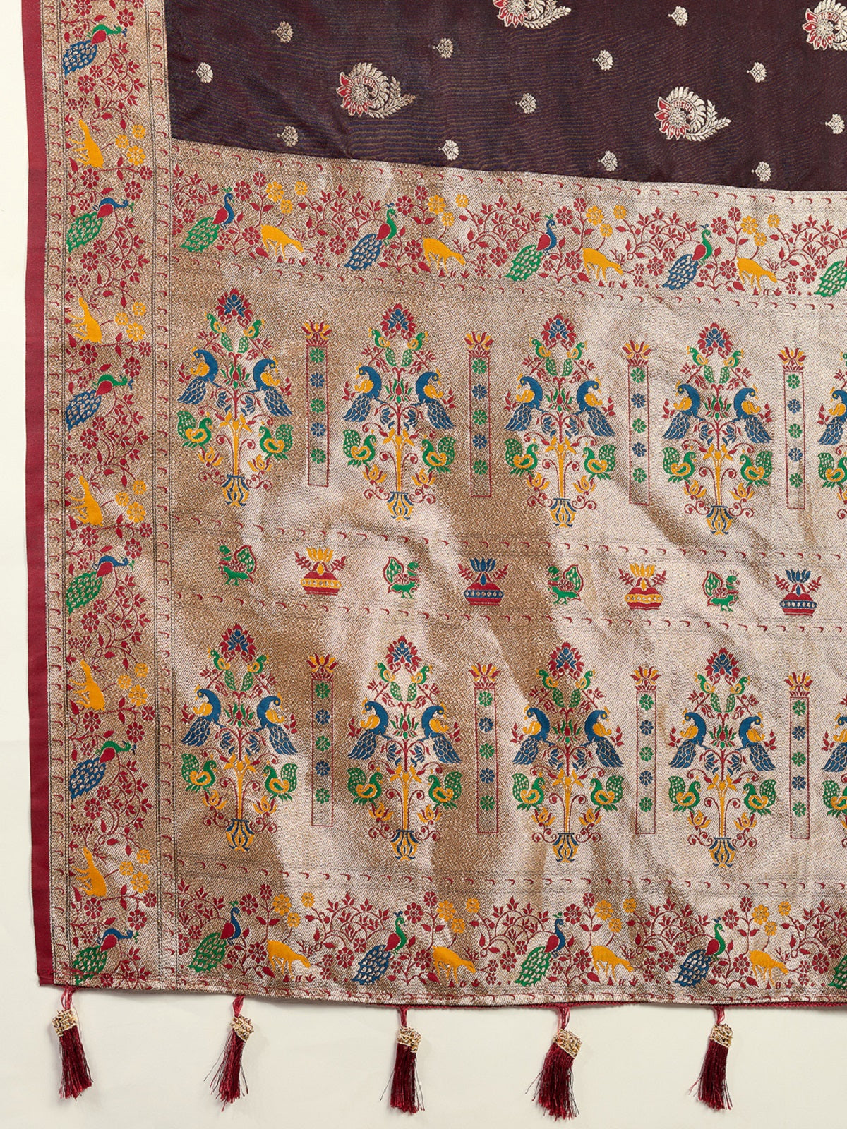 Chocolate Brown Satin Saree with Elegant Jari Work for Weddings
