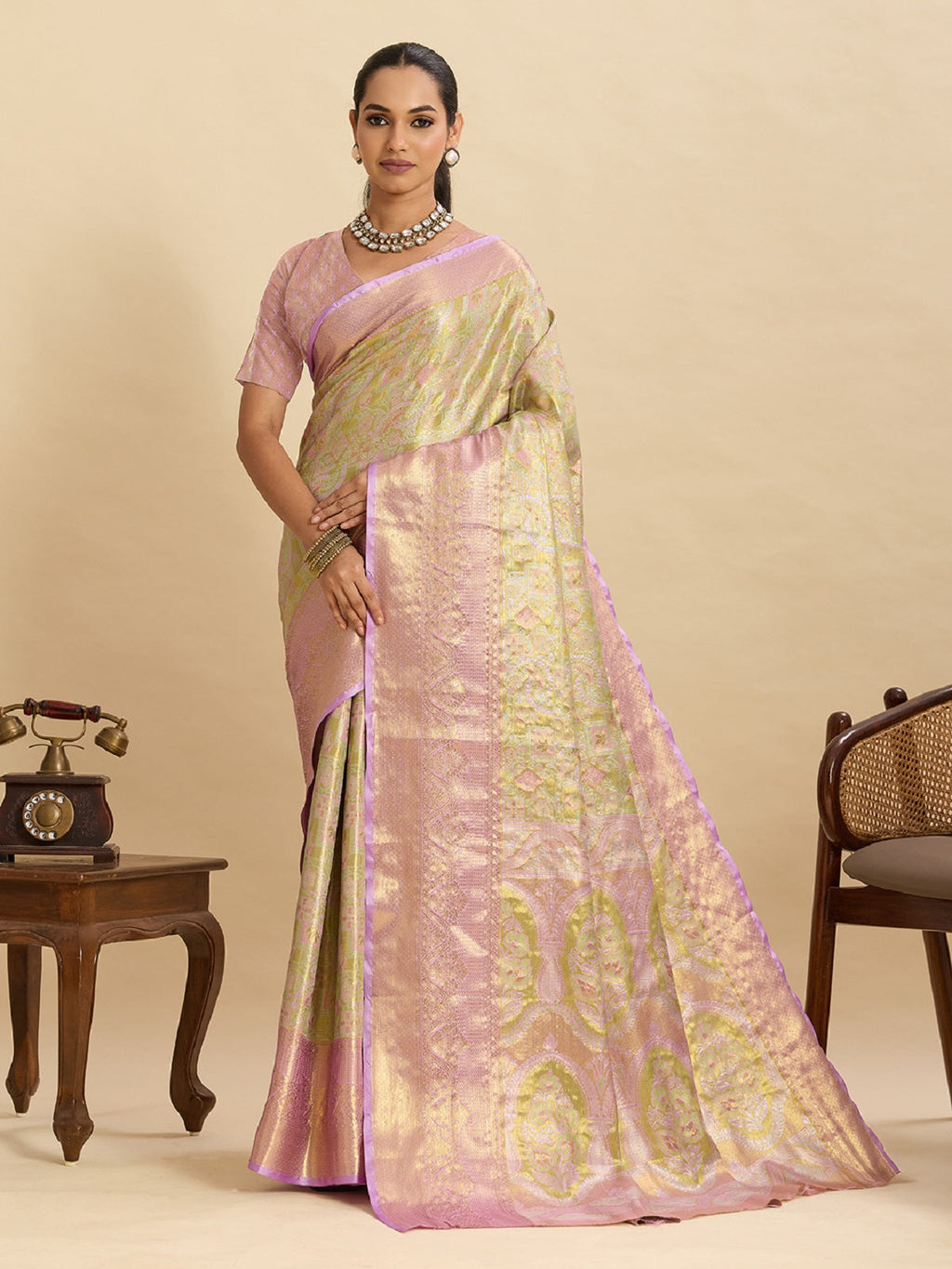 Mint green Kanjivaram silk saree with traditional zari weaving