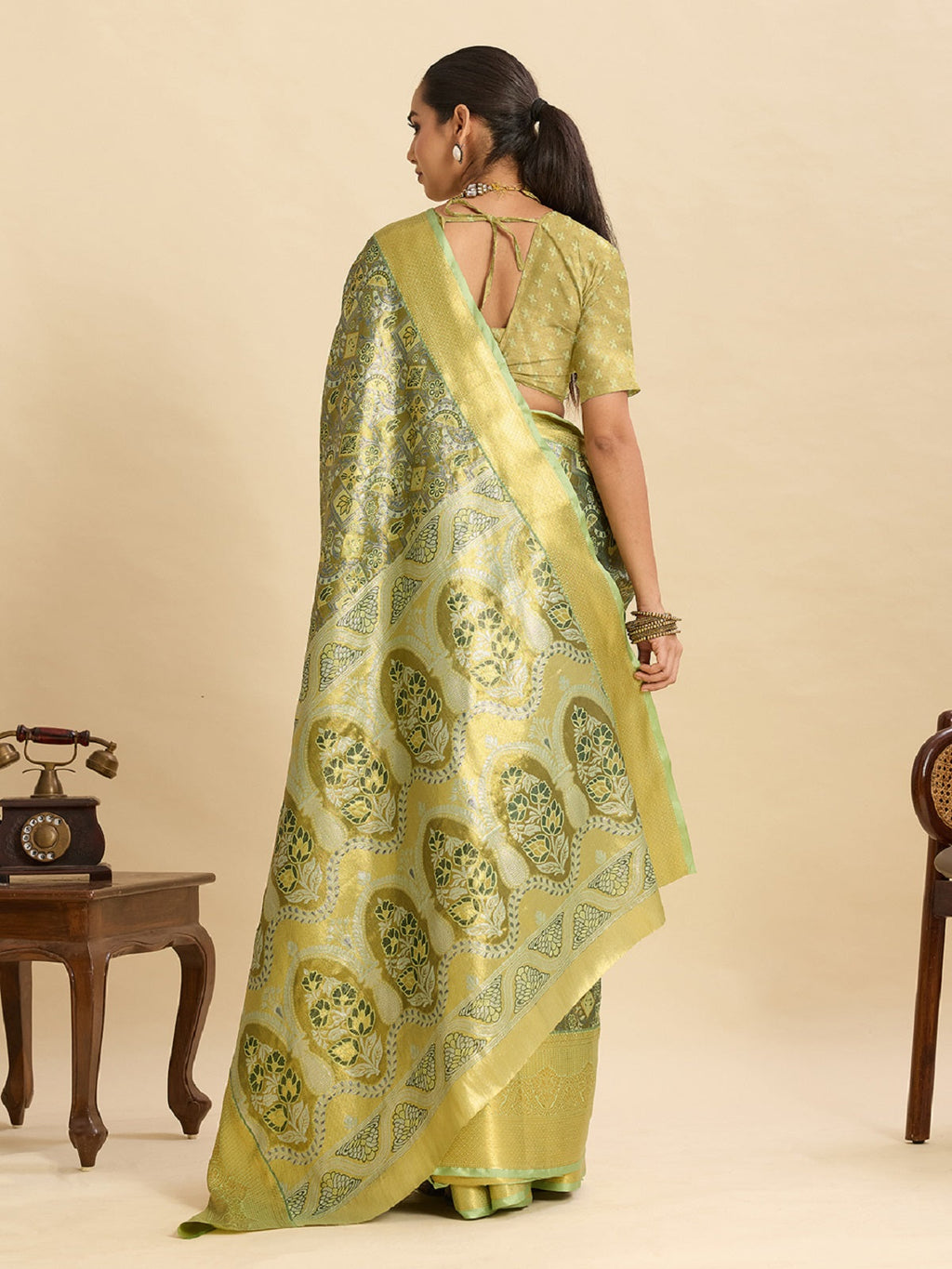 Pastel Green Kanjivaram Silk Wedding Saree with Jari Weaving