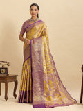 Yellow Kanjivaram Silk wedding saree with traditional Jari weaving detail