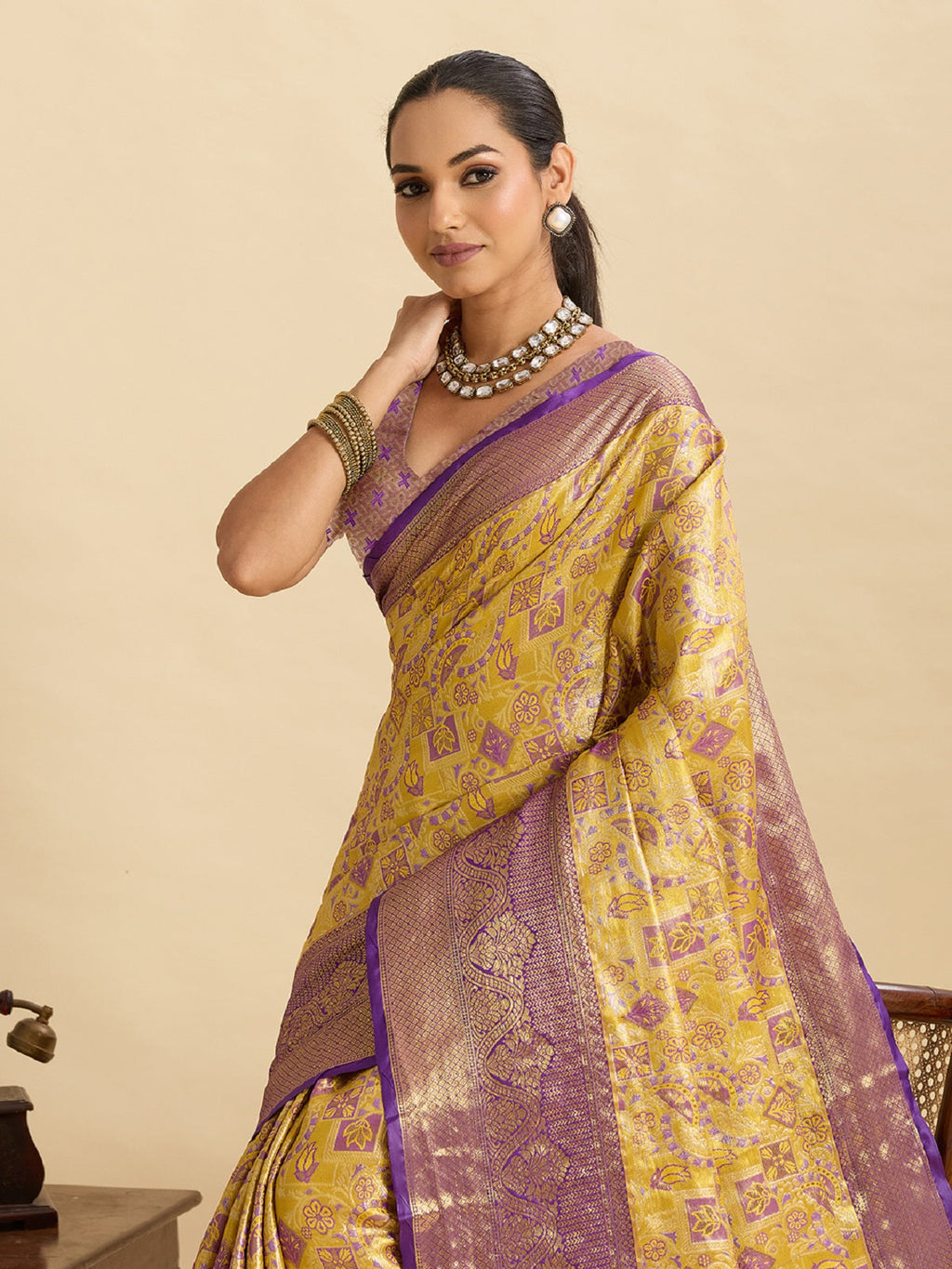 Yellow Kanjivaram Silk Saree with Jari Weaving Details